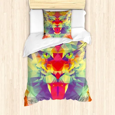 Obrázok produktu pre ABAKUHAUS Safari obliečka na perinu, polygonálny vzor s geometrickými farbami a efektmi, exotická téma kráľa džungle, 135 x 200 cm + 80 x 80 cm, viacfarebná