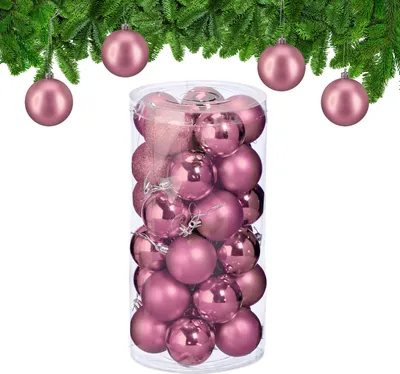 Image de Lot de 30 boules de Noël Relaxdays, en plastique, diamètre : 6 cm, décorations rondes pour sapin de Noël, décorations incassables, rose