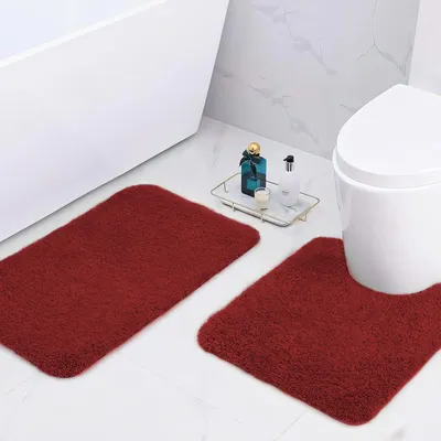 Image de Tapis de bain en microfibre, tapis de bain extra-épais de 2 cm, tapis de bain ultra-absorbants de 50 x 80 cm et 50 x 50 cm en forme de U, rouges