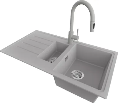 Produktbild von PRIMAGRAN Granitspüle Grau 90x50cm, Spülbecken 1,5 Becken + Küchenarmatur 40x20cm + Ablauf-Set, Küchenspüle ab 60er Unterschrank - Kopenhagen Duo