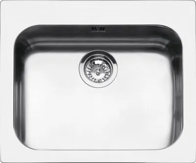 A top-down view of a stainless steel sink with a drain.