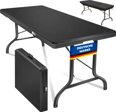 A black folding table is shown in its open and closed state, with a small German flag detail.