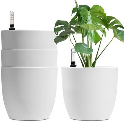 Produktbild von 22cm Selbstwässernder Blumentopf mit Wasseranzeiger Weiß 4er-Set, Selbstbewässerung Wasserspeicher Pflanzgefäß Übertopf für Innen- und Außenbereich
