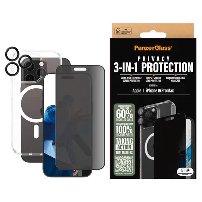 Obrázok produktu pre PanzerGlass ® 3-in-1 Privacy Protection Bundle iPhone 16 Pro Max, Apple, Apple - iPhone 16 Pro Max, Suché aplikovanie, Odolné proti poškriabaniu, Odolný proti nárazom, Priehľadná, 1 kusov