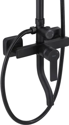 A black matte shower fixture with a hose and handle.