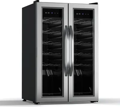 Produktbild von Klarstein Vinamour Weinkühlschrank 2 Zonen - 24 Flaschen, 5-18 °C, Touch-Steuerung, LED-Beleuchtung, Freistehend, Edelstahl-Doppeltür, Weinklimaschrank