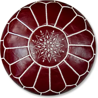 Produktbild von Marokkanischer Echtleder Pouf - Burgund - Handgefertigt - gefüllt geliefert - Ottoman Sitzsack Fußhocker