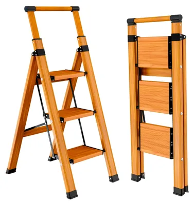 Produktbild von Klappbare Trittleiter mit 3 Stufen, rutschfeste Haushaltsleiter, Multifunktionsleiter mit Holzmaserung, tragbare Stufenleiter mit ausziehbarem Handlauf, Aluminium Klappleiter, belastbar bis 150 kg