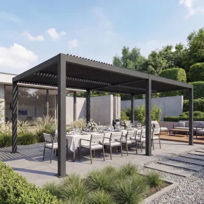 Produktbild von Pergola HWC-L46, Gartenpavillon Lamellen-Pavillon, 11cm-Aluminium-Gestell, Regenrinne sturmfest, 3x6m  anthrazit