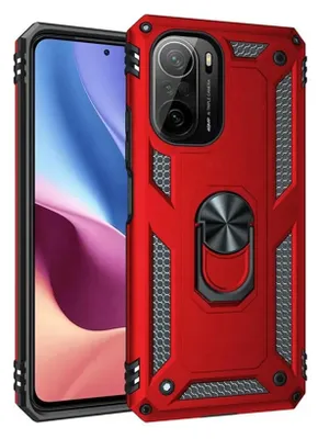 A red smartphone case with a ring holder is shown.