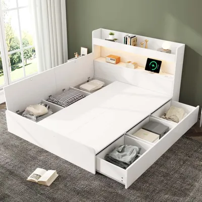 Immagine prodotto di Letto matrimoniale AIORBER, 140 x 200 cm, luce colorata a LED, con porte e prese USB, con contenitore, contenitore con cassetti, letto contenitore, bianco