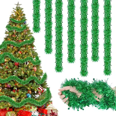 Lametta-Baumschlinge, 8 Stück, 2 m, grün mit Sternen, Weihnachtsdeko