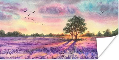 Produktbild von MuchoWow® Poster Lavendel - Farbe - Vögel - Bäume - Lila 120x60 cm - Bild