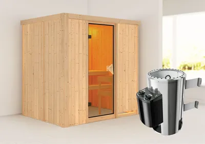 Produktbild von Karibu Sauna Innensauna Fanja Fronteinstieg Ofen 3,6 kW intgr. Strg 196x151x198 cm ohne Dachkranz mit Bronzierter Tür