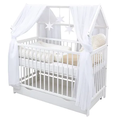 Produktbild von Baby-Delux Hausbett Kinderbett Gitterbett weiß 60x120 Beißschienen Schublade Schutzgitter Matratze Bett Set Traumland Beige