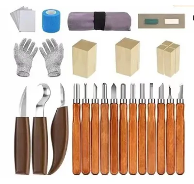 Produktbild von Holzschnitzwerkzeug-Set, 22-teilig mit Aufbewahrungstasche aus Kunstleder, inklusive 9 Schnitzmessern, Schleifstein und PolyurethanTasche, Schnitzset fš¹r Anf?nger