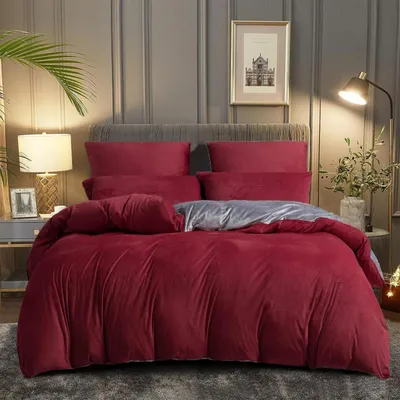 Produktbild von Bettwäsche Fleece Plüsch 155x220cm Rot Weinrot Grau Wendebettwäsche  mit Reißverschluss 2 Kissenbezüge 80x80cm