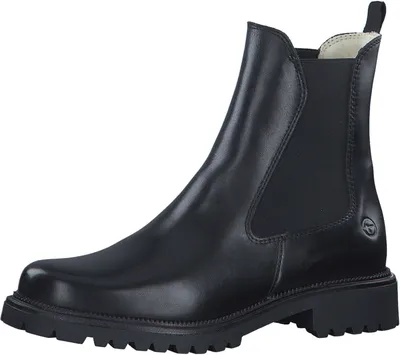 A single black leather Chelsea boot is shown against a white background.