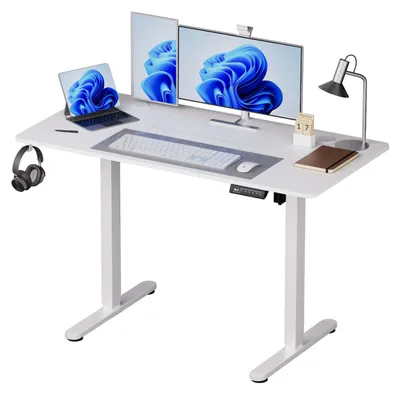 Image de Bureau réglable en hauteur Relaxdays, électrique, modèle de comptoir, dimensions : 120 x 160 x 60 cm, métal, aspect bois, blanc