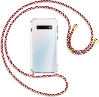 Produktbild von Handykette Backcover-Schutzhülle mit Band (Metall goldfarben) für Samsung Galaxy S10 - weinrot/gelb/grau
