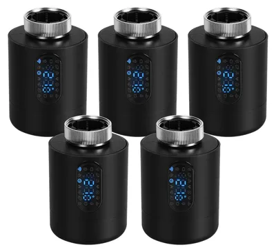 Obrázek produktu pro Vigevee Chytrý termostat pro radiátory, WiFi, ovládání přes aplikaci, kompatibilní s platformami Smart Life/Tuya, 7 adaptérů, černý, balení 5 kusů