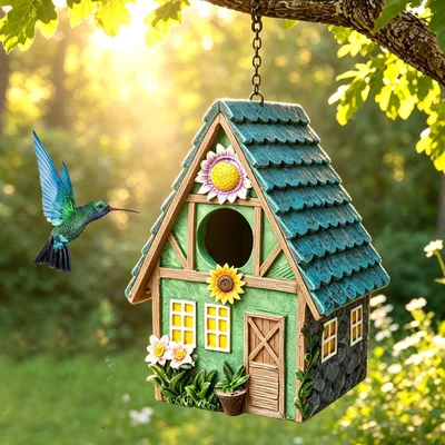 Productafbeelding van Vogelhuisjes om op te hangen, 21,4 x 13 x 15,5 cm, tuinnesthuis voor vogels, decoratief vogelhuisje van hout, vogelhuisje voor vogelliefhebbers, boomz