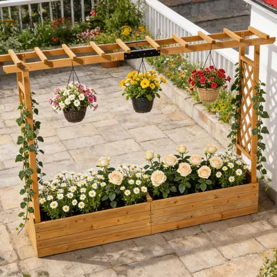 Produktbild von FCH Hochbeet Blumenkasten mit Rankhilfe Ablauflöchern, hängendes Dach, für Garten, Balkon, Terrasse, 200 x 44.5 x 113 cm