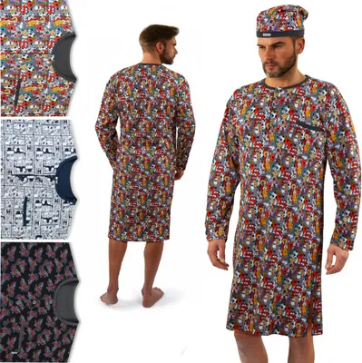 A collage of men's pajamas with a funny dog pattern. The main image shows a man wearing a long-sleeved nightshirt and a matching nightcap. The other images show different color variations of the nightshirt.