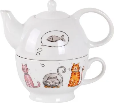 A white ceramic teapot and cup set with cat illustrations.