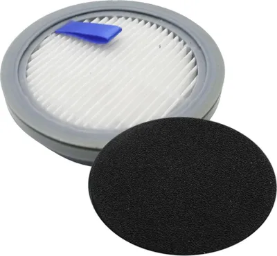 A vacuum cleaner filter and a foam pad are shown against a white background.