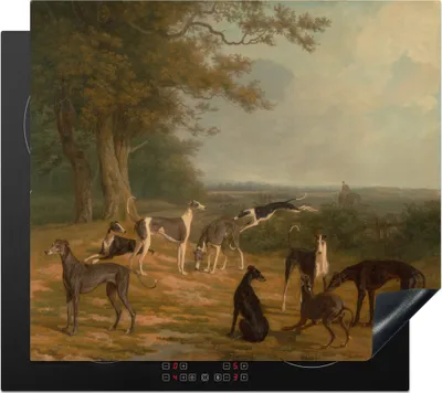 Produktbild von KitchenYeah© Herdabdeckplatte Neun Windhunde in einer Landschaft - Gemälde von Jacques Laurent Agasse , 59x52cm, Küche Deko, Glaskeramikkochfeld Herdabdeckung, Abdeckplatte fùr Kochfeld