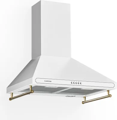A white kitchen range hood with gold accents, shown against a white background.