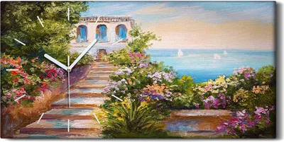 Produktbild von Wandbild Leinwand Bilder mit Uhr 60x30 Ölgemälde Blumen Meer Himmel Kunst - weiße Hände