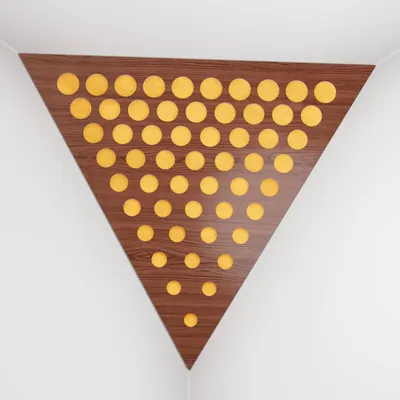 Obrázek produktu pro Balení po 2 kusech – basová past do rohů stropu „Triangle-F“ | Akustická pěna ve tvaru pyramidy s laminovanou deskou z HDF a potahem [ROUNDS – ořech | žlutá]