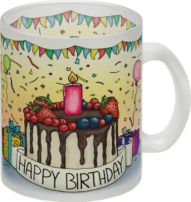 Produktbild von Happy Birthday Glas Tasse mit Geburtstagstorte Motiv