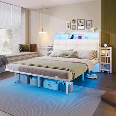 Image de Lit double 140*190 cm avec sommier à lattes et tête de lit, avec 2 tables de chevet coulissantes, avec compartiments de rangement, avec interface TYPE C et USB, avec LED, blanc