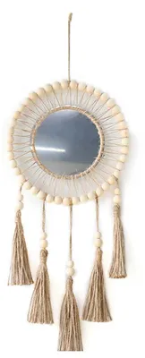 Produktbild von Hängender Wandspiegel Boho Antik mit Holzperlen Fransen Handgefertigt Rund Dekoration Baumwollseil