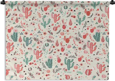 Produktbild von MuchoWow® Wandteppich Wandbehang Kaktus - Blumen - Pastell - Muster 90x67.5 cm Tapisserie Dekoration Wandtuch - Fototeppich - Wand-Skulpturen