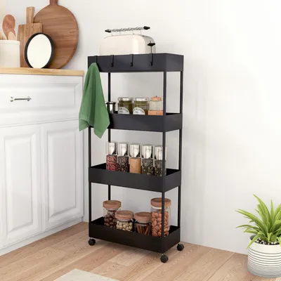 Produktbild von Küchenwagen schmal, Nischenwagen mit 4 Regalen, 4 Haken, 4 Rollen, Stahl, Schwarz | 40 x 19 x 90 cm | 2 Bremsrollen | platzsparend