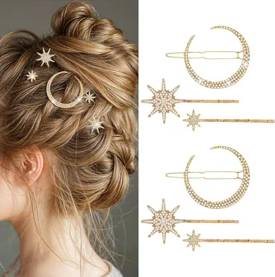 Produktbild von 6 Stück Metall-Haarspangen mit Stern- und Mondmotiven für Mädchen, mit Strasssteinen, Haarnadeln für Braut und Hochzeit, Haar-Accessoires für Frauen und Mädchen (gold)