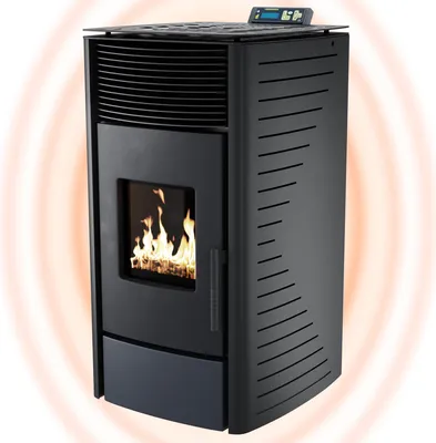 A black pellet stove with a visible flame inside, set against a white background with orange heatwave graphics.
