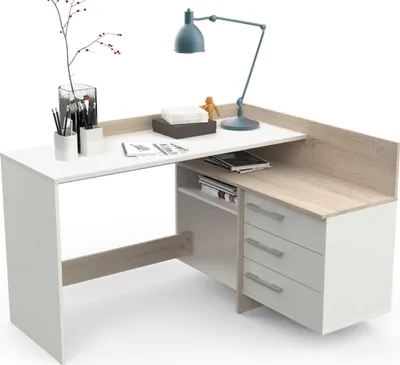 Image de Bureau d'angle « Thales » en blanc / chêne Sonoma - 128,8 x 83,2 x 105,7 cm (L x H x P)