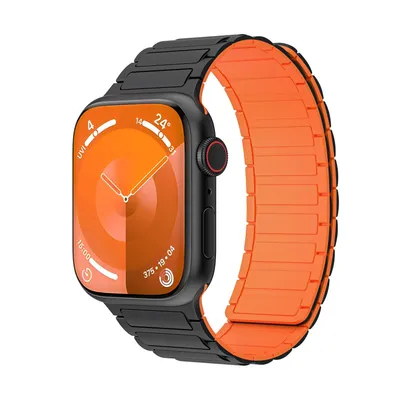Image de Bracelet de remplacement en silicone magnétique de haute qualité pour Apple Watch SE 2023 44 mm, noir / orange