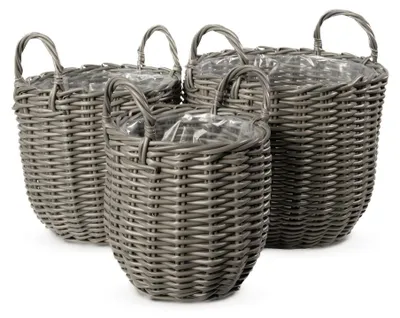 Produktbild von di volio Pflanzkübel Set ANZIA – 3 runde Blumenkörbe aus Polyrattan mit Griffen und Folie, wetterfeste Rattan Blumentöpfe für Außen (Grau)