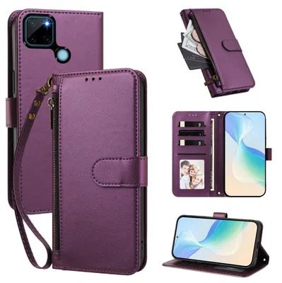 Produktbild von Geldbörse Hülle für Realme C21Y, Kunstleder Handyhülle mit Kartenfächer, Ständer, Handschlaufe Lila