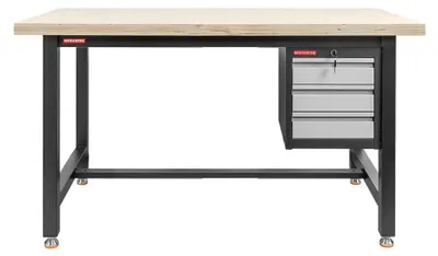 Zdjęcie produktu dla Stół warsztatowy metalowy roboczy do garażu WERKBERG 150x75x80cm z szafką narzędziową z 3 szufladami grafit/front szary