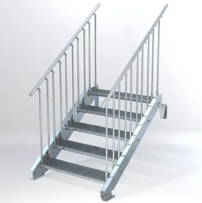 A metal staircase with railings against a white background.