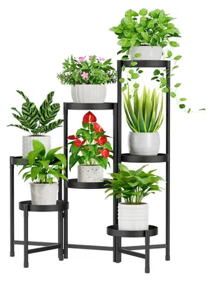 Productafbeelding van Metalen plantenstandaard met 7 niveaus, bloempotstandaard, meerlaags plantenrek, bloemenrek, plantenrek voor in de hoek, geschikt voor woonkamer, balkon, terras, tuin (rond, zwart)