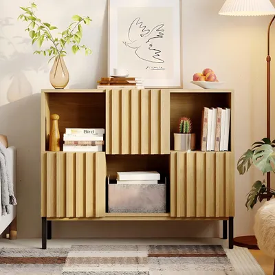 Produktbild von Sideboard mit 3 Schränken mit gewellten Türen, Küchenschrank mit 3 offenen Fächern, für Wohnzimmer, Küche, Esszimmer, Holzfarbe, MDF, 90 × 75 × 32 cm