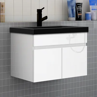 Produktbild von Badmöbel HUTI-Serie 60cm Hochglanz Weiß Schwarz Waschtisch mit Unterschrank Hängeschrank Badezimmermöbel mit 2 Türen